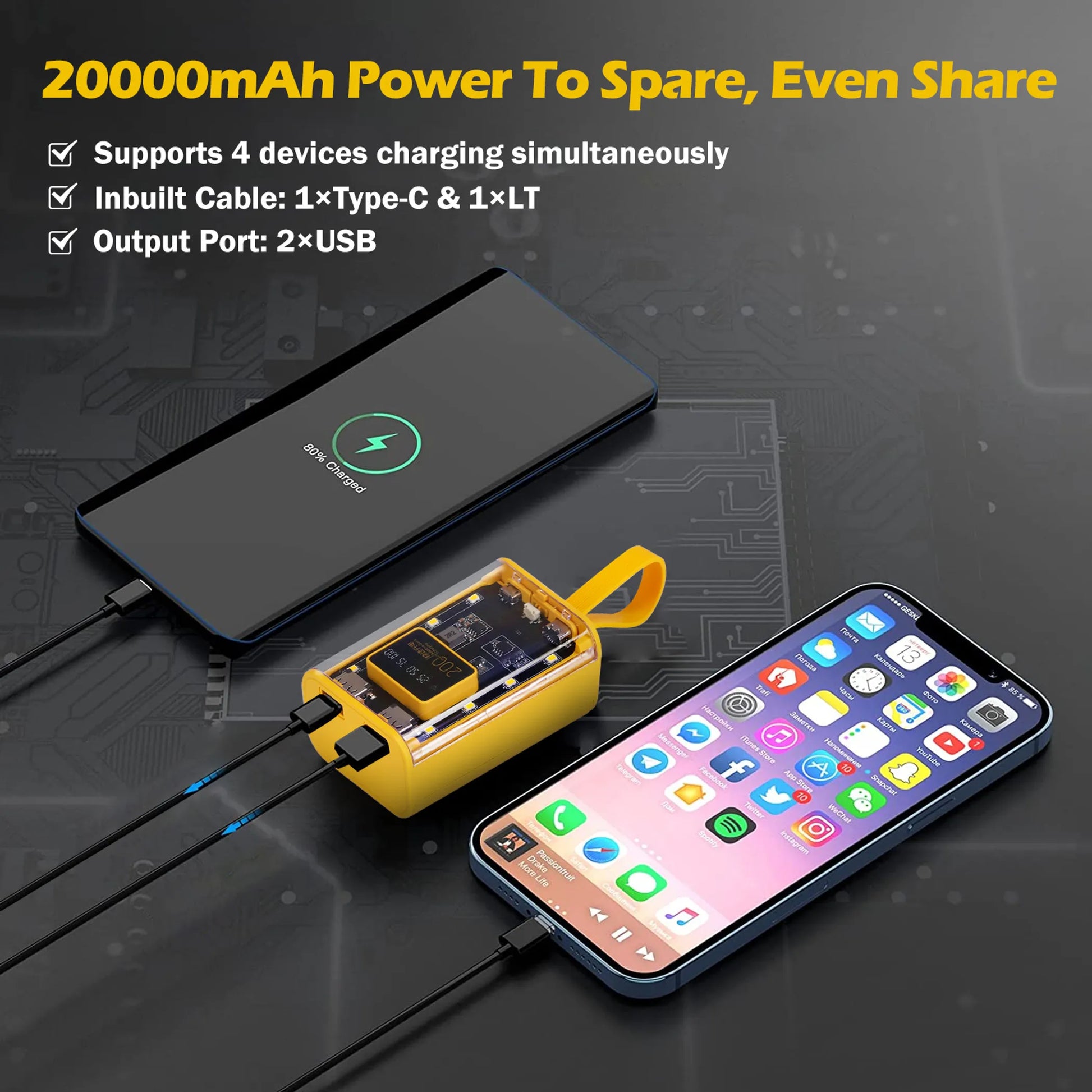 20000mAh Transparent Power Bank with Built-In Cables Linx Group