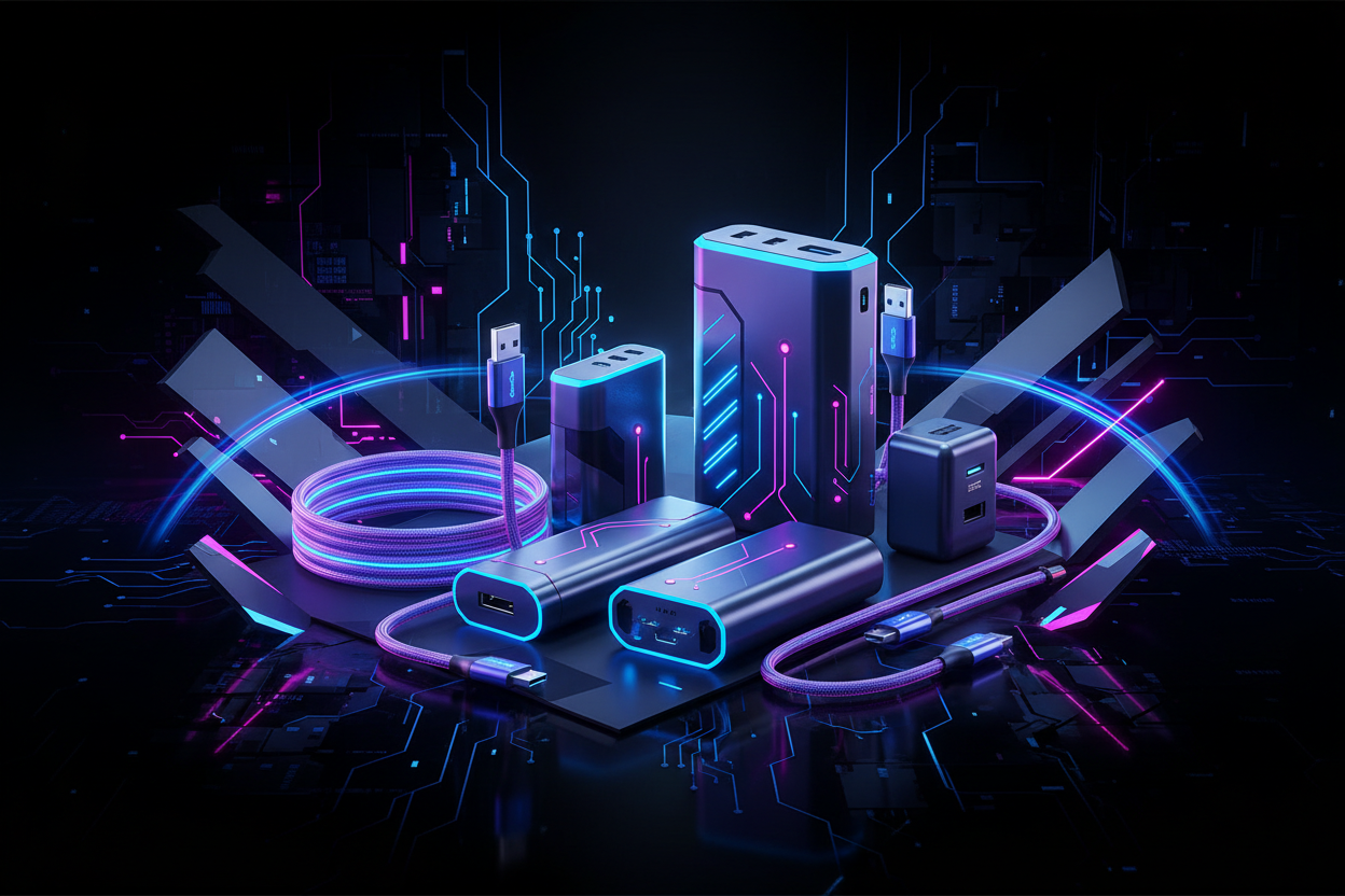 Futuristic travel tech setu with tablet and chargers —  on-the-go collection banner for Username Digital.