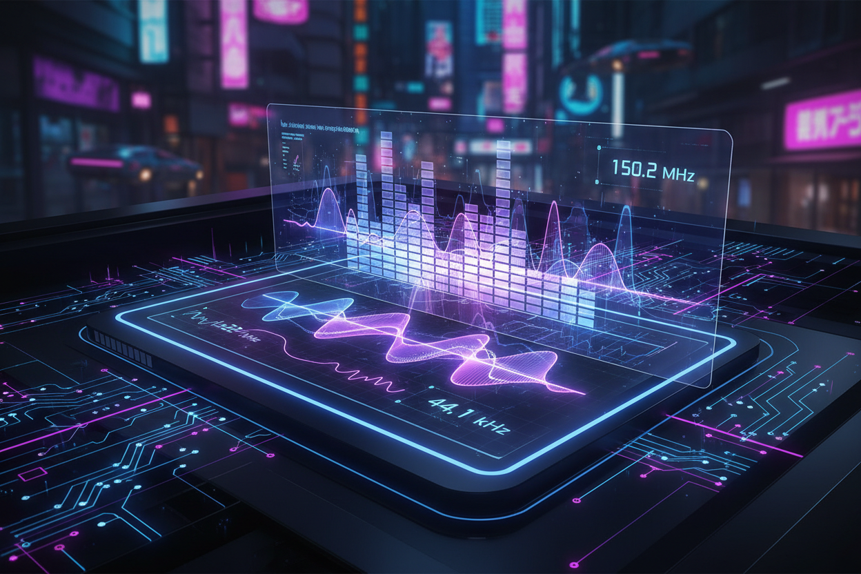 Cyberpunk tablet with holographic data in a neon city — Username Digital tech brand banner.