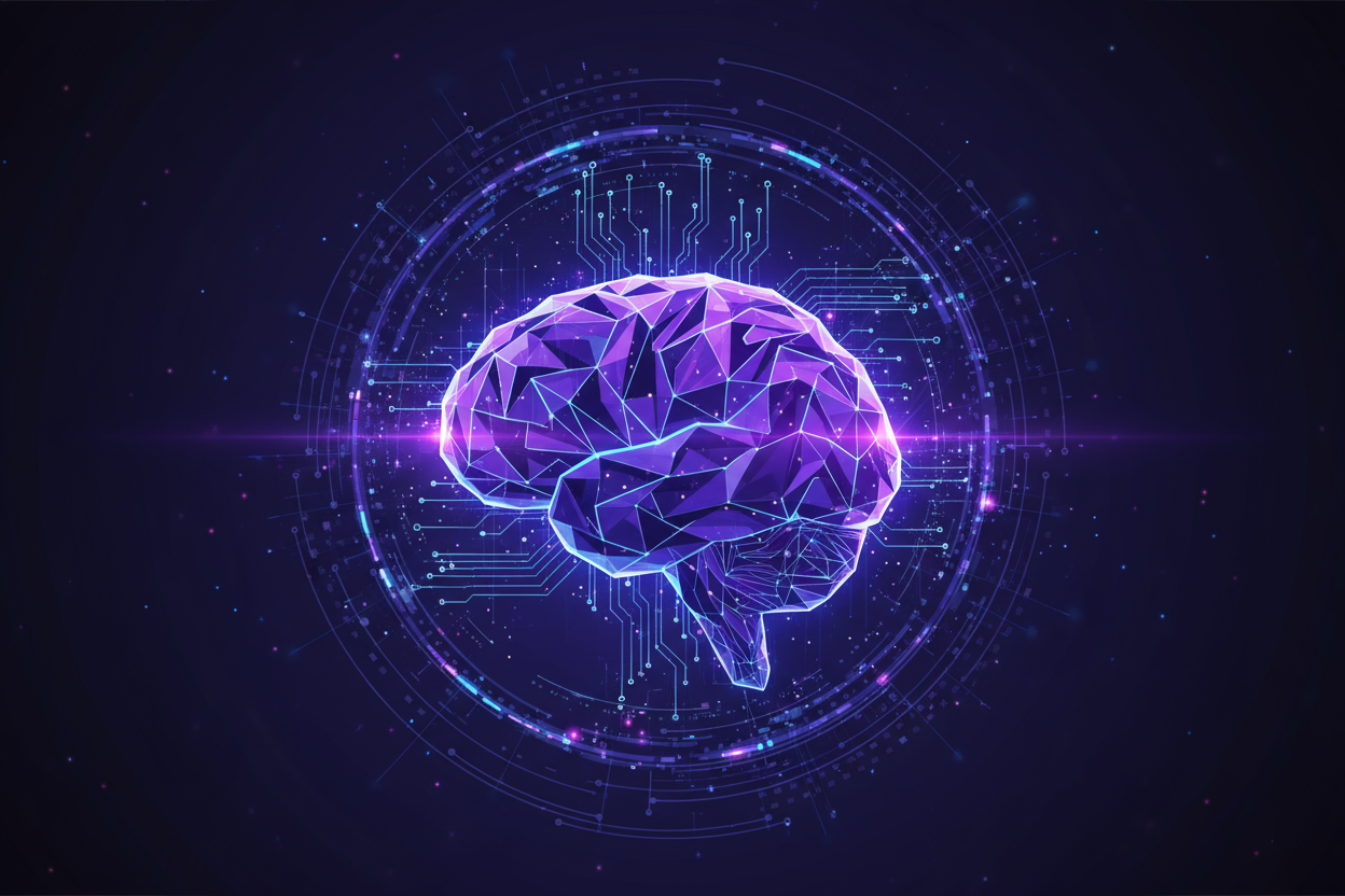 futuristic digital brain logo glowing purple and blue with tech circuits, dark gradient background