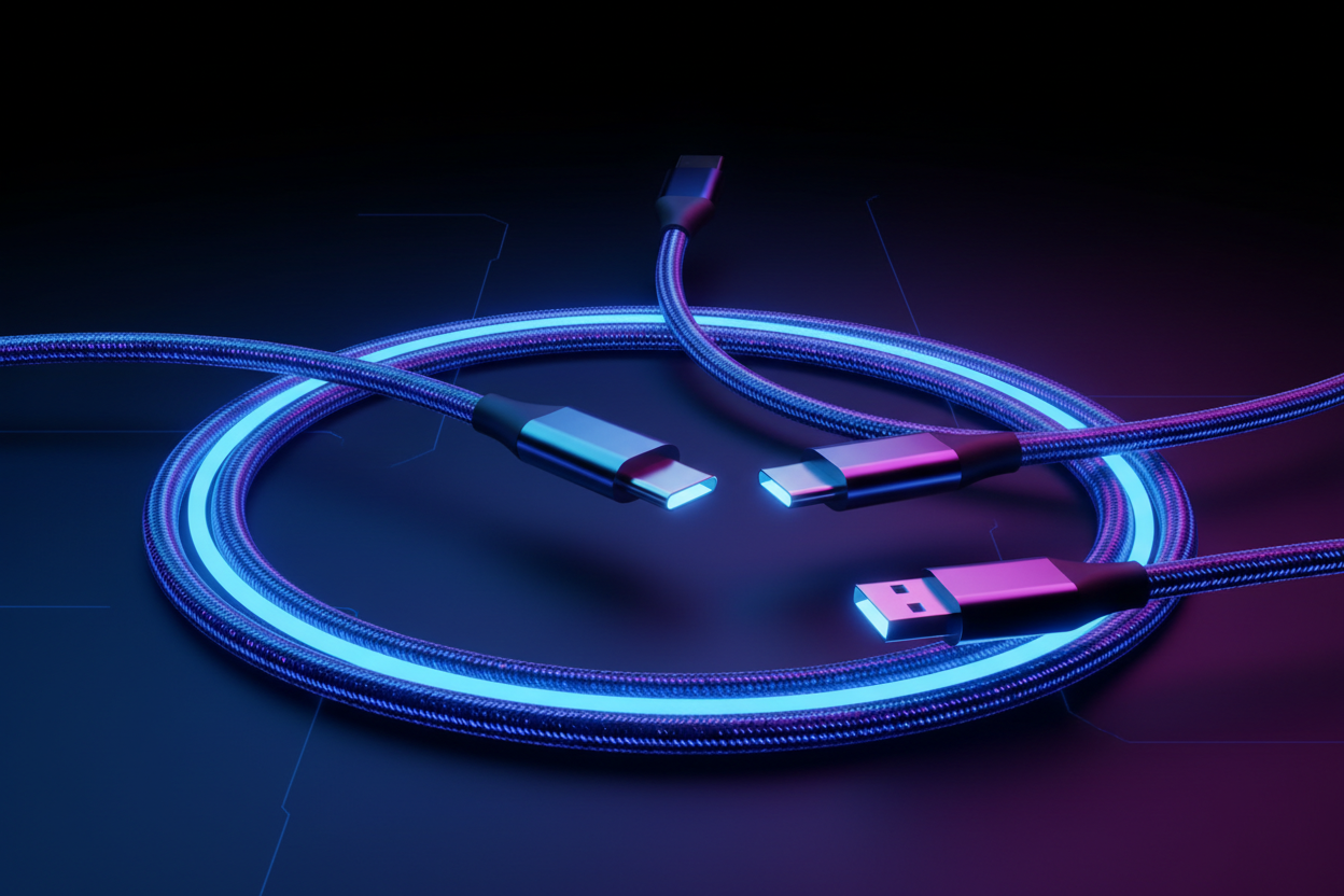 USB-C charging cables glowing neon blue and purple on a dark gradient tech background